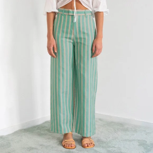 Striped Green Wide-Leg Pants - Picture 1 of 6